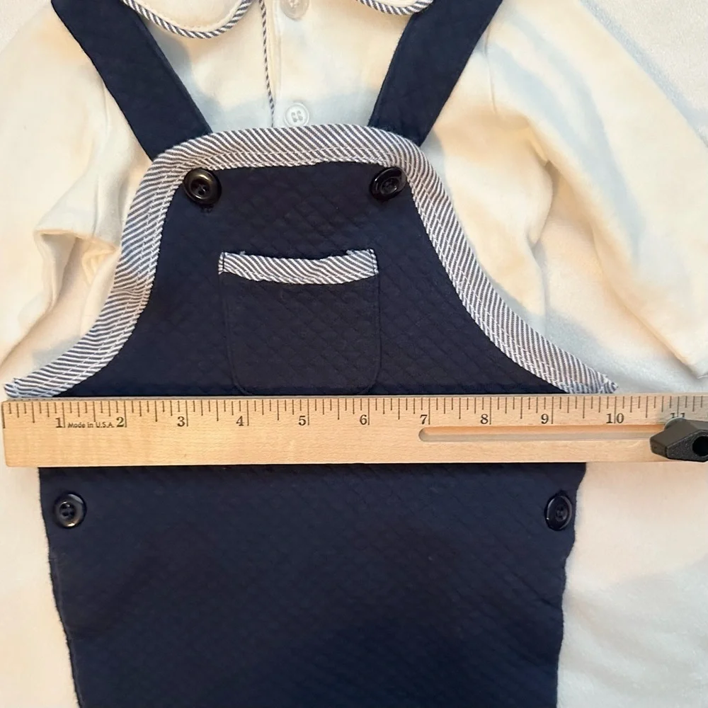 Harry & Violet 2pc Set White Bodysuit & Quilted Navy Blue Overalls Outfit 0/3M